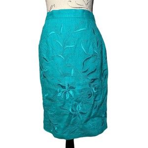 Carmen Marc Valvo Green Floral Embroidered Linen Pencil Skirt Size 12